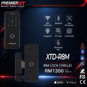 Premier XT DDL XTD-R8M smart digital door lock with fingerprint authentication, touchscreen keypad, RFID card access, mechanical key backup, and a modern keyless entry system for residential security.
