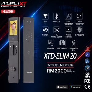 Premier XT DDL XTD-SLIM 20 smart digital door lock featuring a slim modern design, fingerprint recognition, PIN code access, RFID card support, and secure keyless entry for residential and apartment doors.
