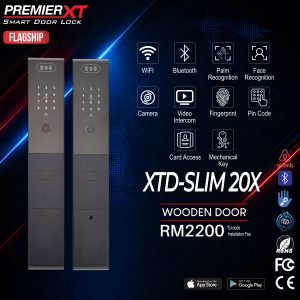 Premier XT DDL XTD-SLIM 20X smart digital door lock with ultra-slim body design, fingerprint recognition, PIN code entry, RFID card access, mobile app control, and secure keyless entry for modern residential doors.