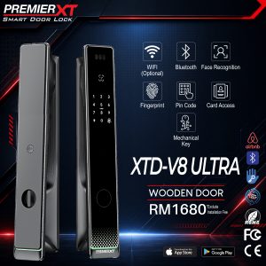 Premier XT XTD-V8 ULTRA digital door lock with fingerprint scanner, keypad access, RFID card support, and smart high-security locking system.