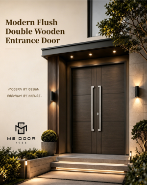 Modern Flush Double Wooden Entrance Door with sleek contemporary design for residential main entrance.